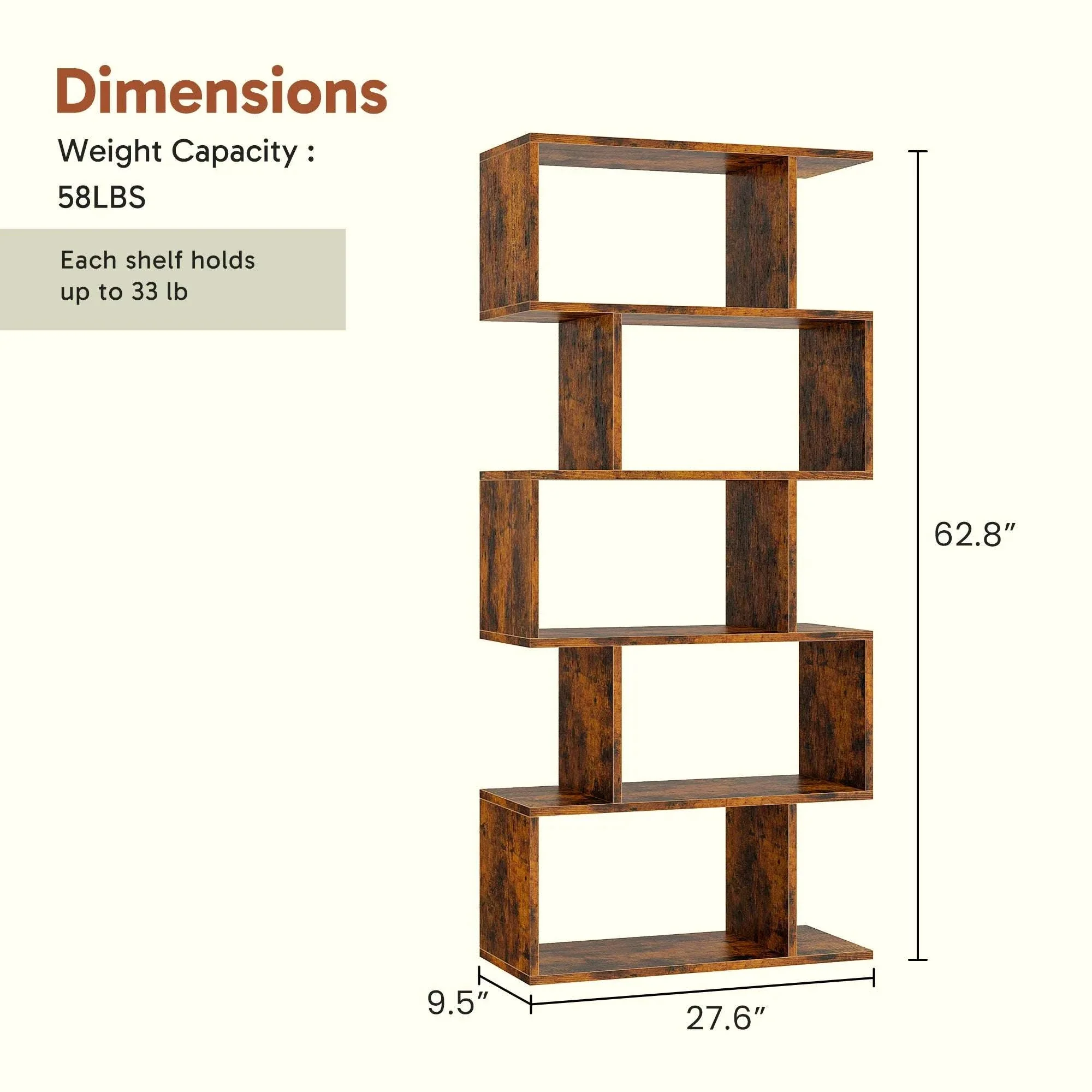 62 Inch 5-Tier S-Shaped Bookcase Wooden Storage Display Shelf - Image 6