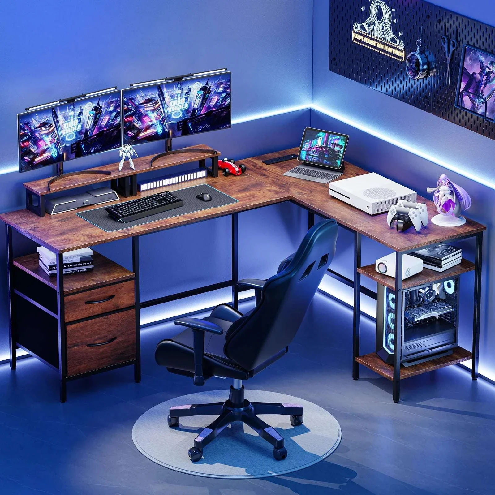 L Shaped Computer Desk with Drawers and Adjustable Storage Shelves