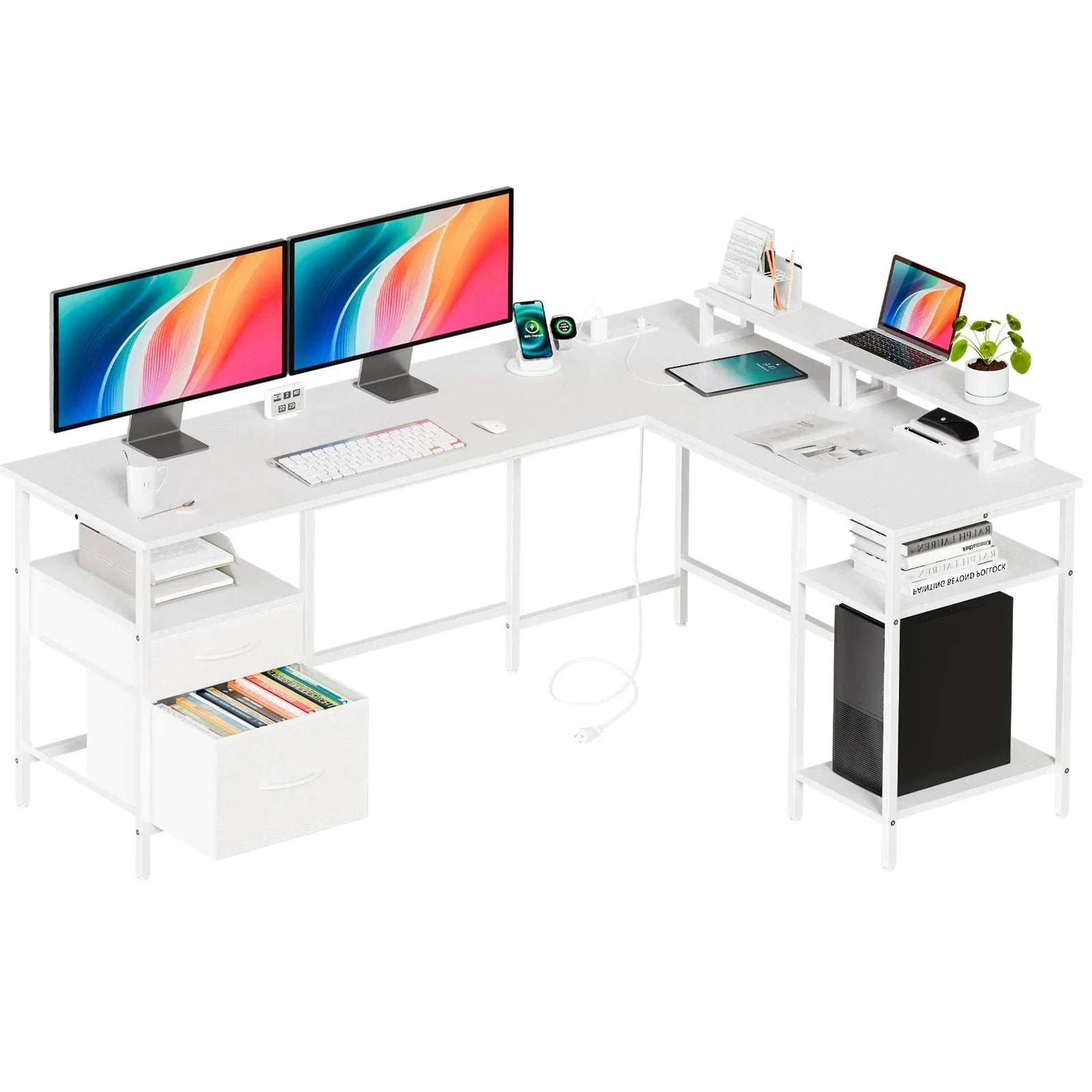 L Shaped Computer Desk with Drawers and Adjustable Storage Shelves - Image 8