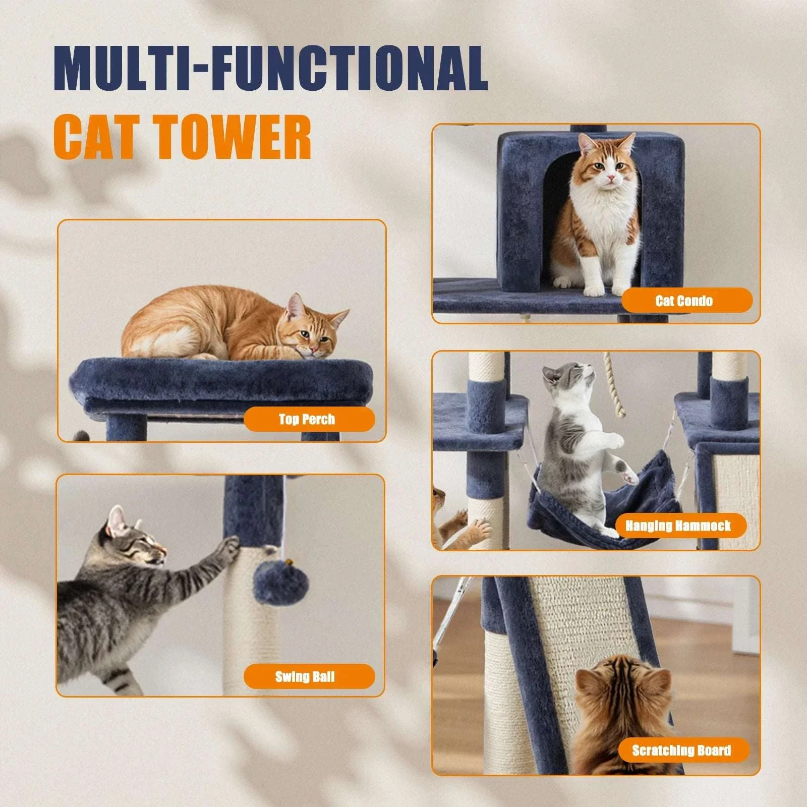 63" Multi-Level Cat Tree Tower with Condo, Hammock & Sisal Posts - Image 6