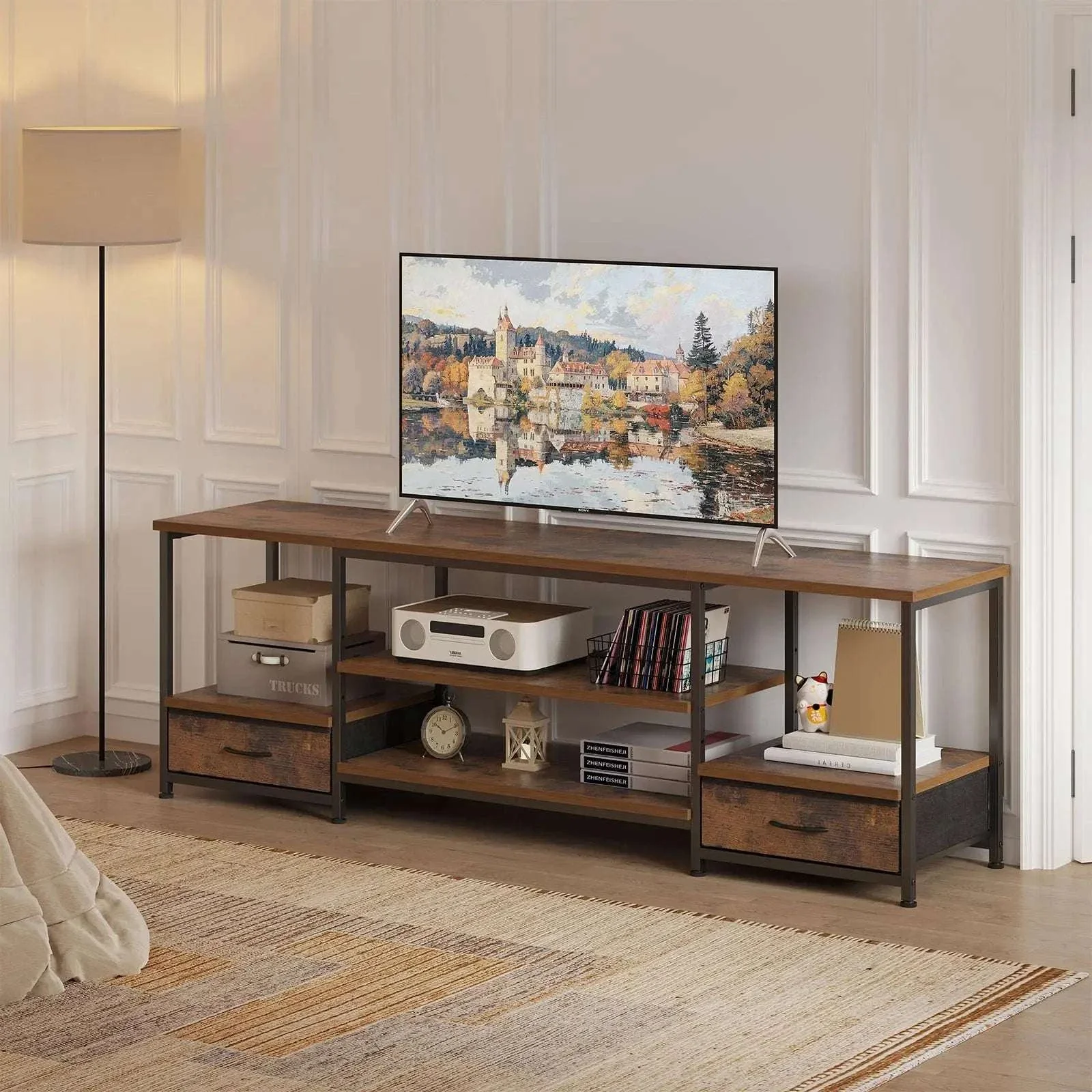 63 Inch Wooden TV Stand with Power Outlets & Storage for Up to 75" TVs