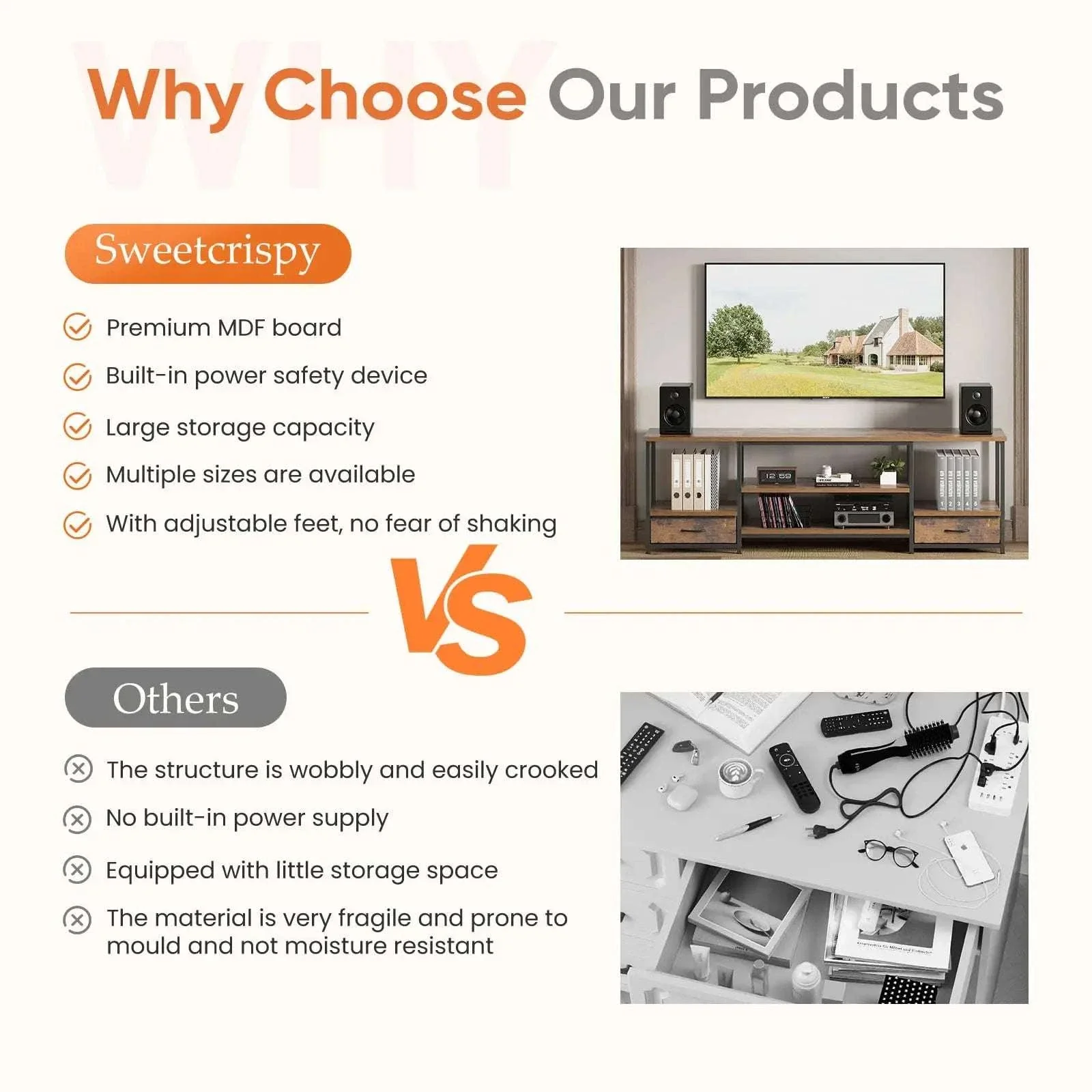 63 Inch Wooden TV Stand with Power Outlets & Storage for Up to 75" TVs - Image 4