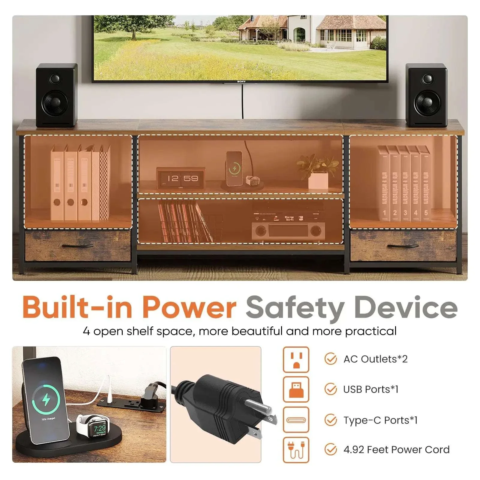 63 Inch Wooden TV Stand with Power Outlets & Storage for Up to 75" TVs - Image 5