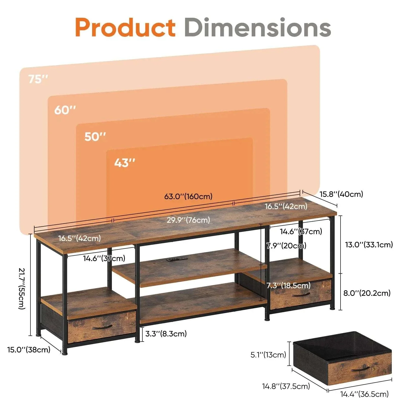 63 Inch Wooden TV Stand with Power Outlets & Storage for Up to 75" TVs - Image 8