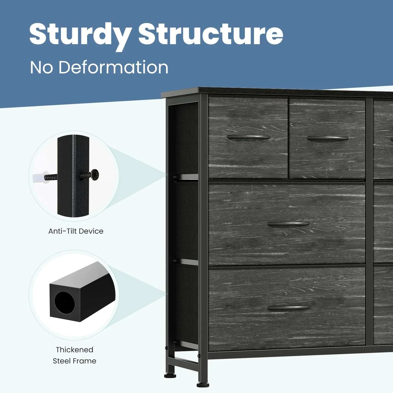 8 Drawer Fabric Dresser TV Stand with Wood Top & Metal Frame - Image 20