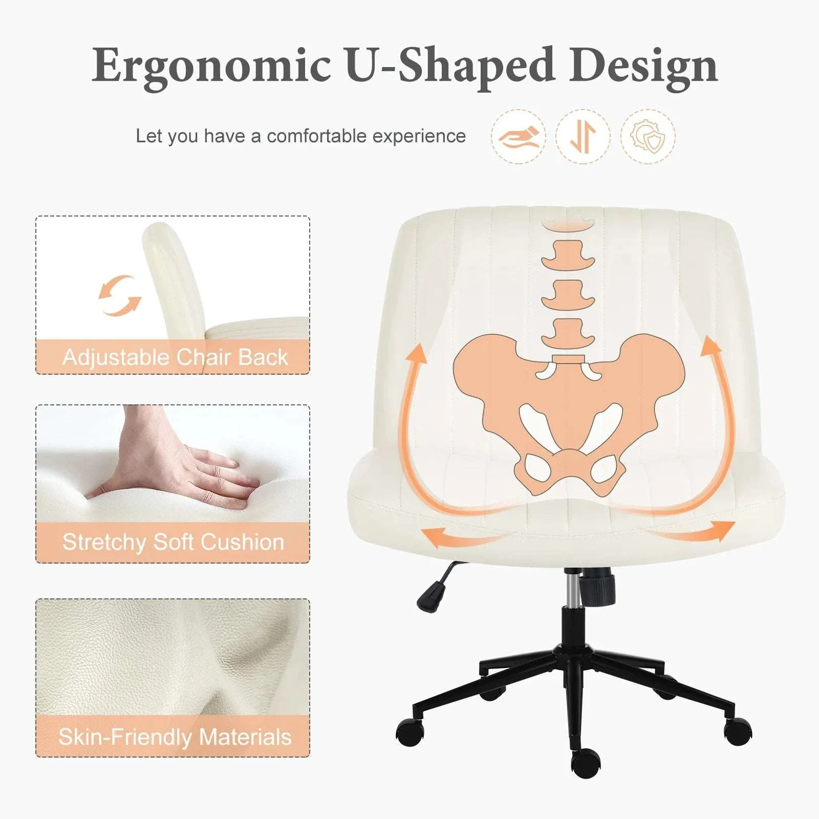 Armless Cross-Leg Office Chair with Wheels Adjustable Height Seat - Image 3
