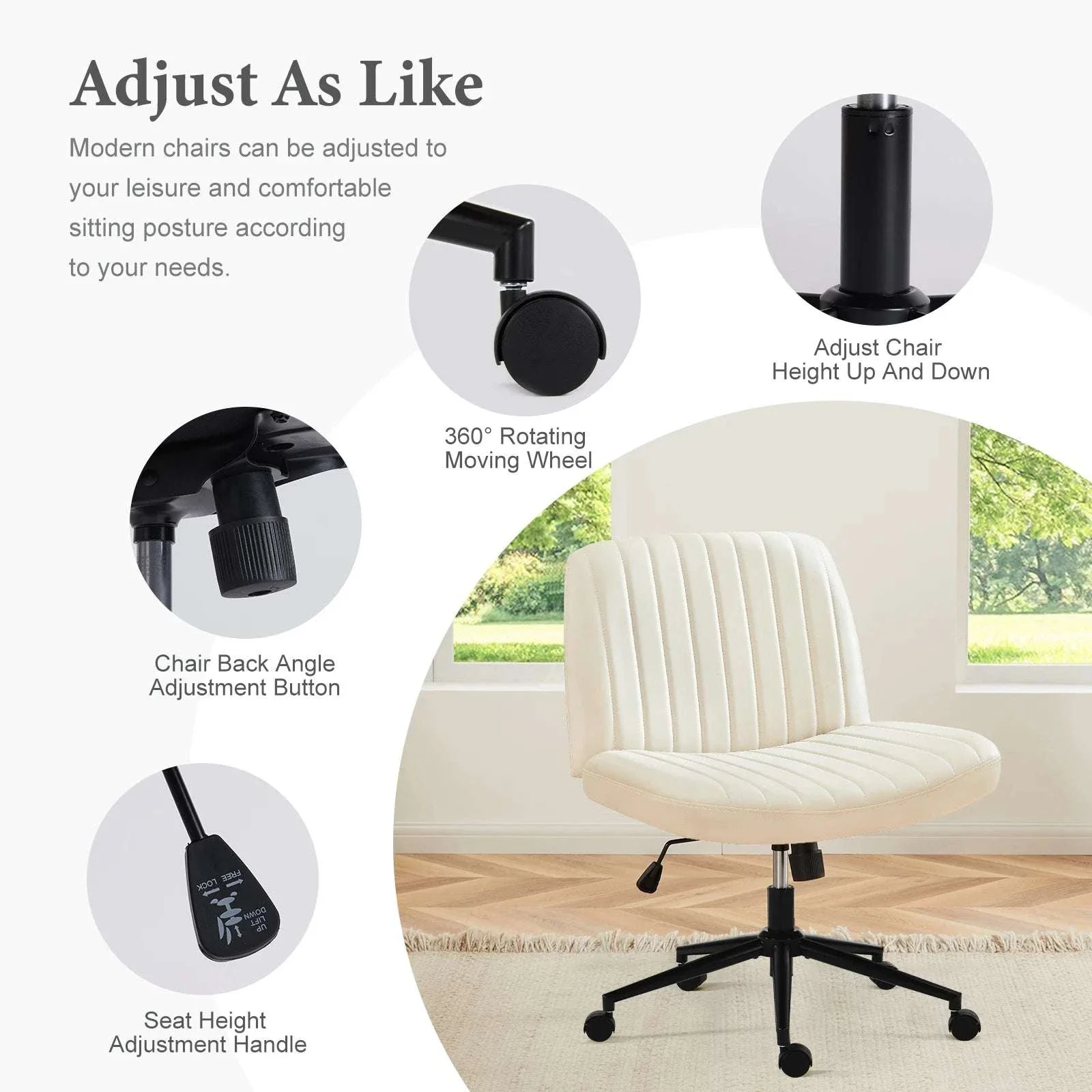 Armless Cross-Leg Office Chair with Wheels Adjustable Height Seat - Image 4
