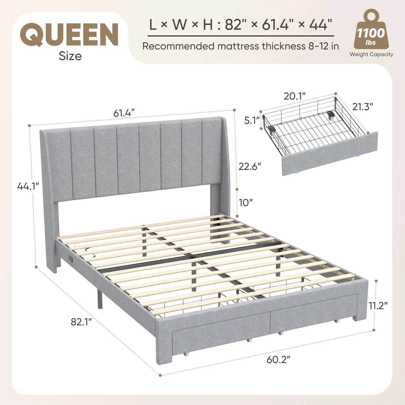 Upholstered Bed Frame with Storage Drawers and Adjustable Headboard - Image 10