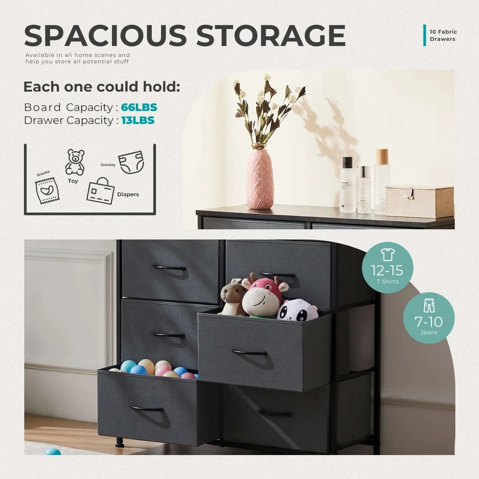 10 Drawer Fabric Dresser Nightstand with Steel Frame Storage - Image 7