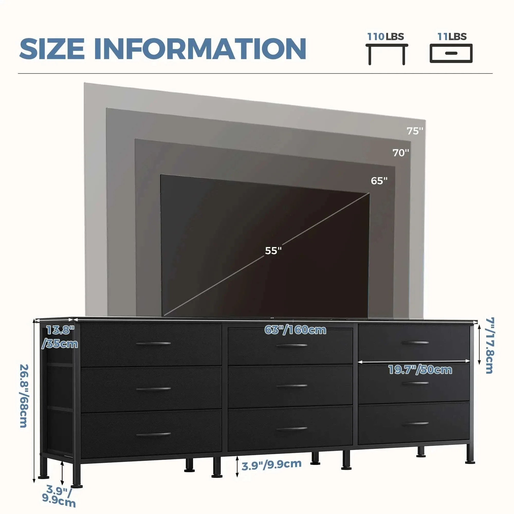 Modern TV Stand with 9 Fabric Drawers for Up to 75 Inch TVs - Image 3