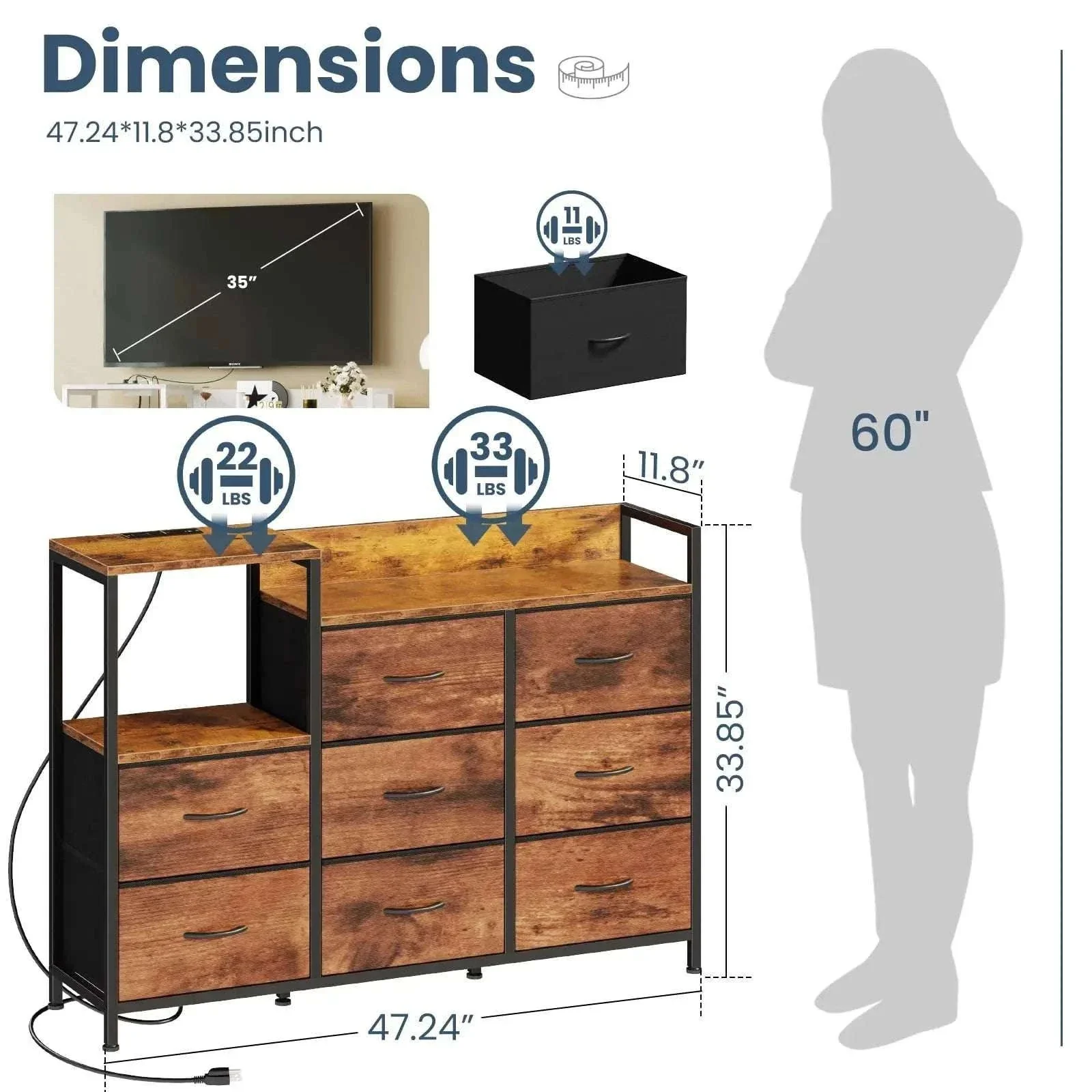 Modern TV Stand with 9 Fabric Drawers & Metal Frame Storage - Image 2