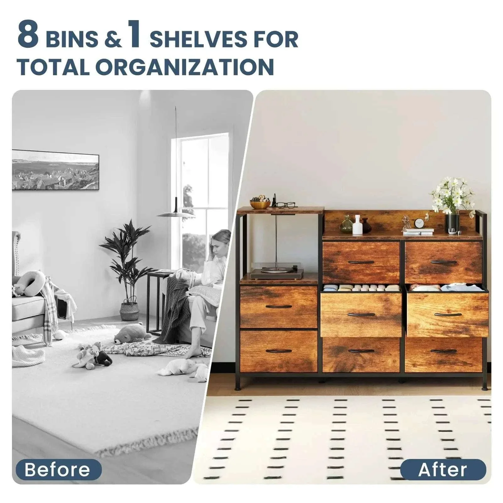 Modern TV Stand with 9 Fabric Drawers & Metal Frame Storage - Image 3