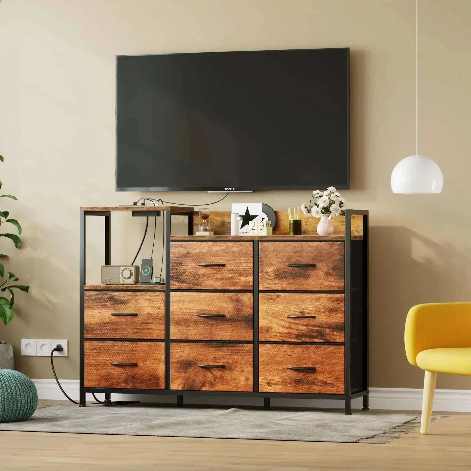 Modern TV Stand with 9 Fabric Drawers & Metal Frame Storage - Image 7