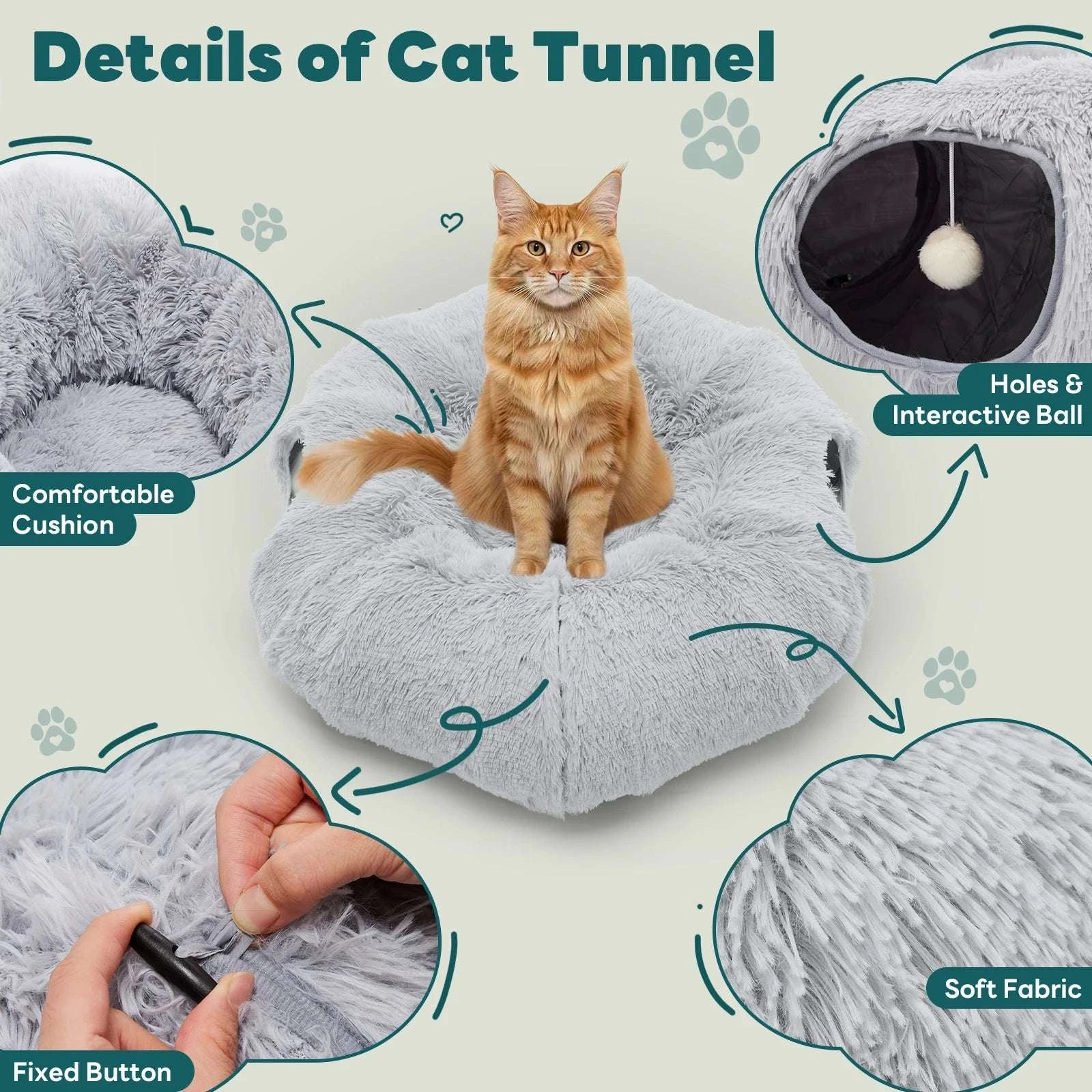 Donut Cat Tunnel Bed 3-in-1 Plush Hideout, Sleep & Play - Image 2