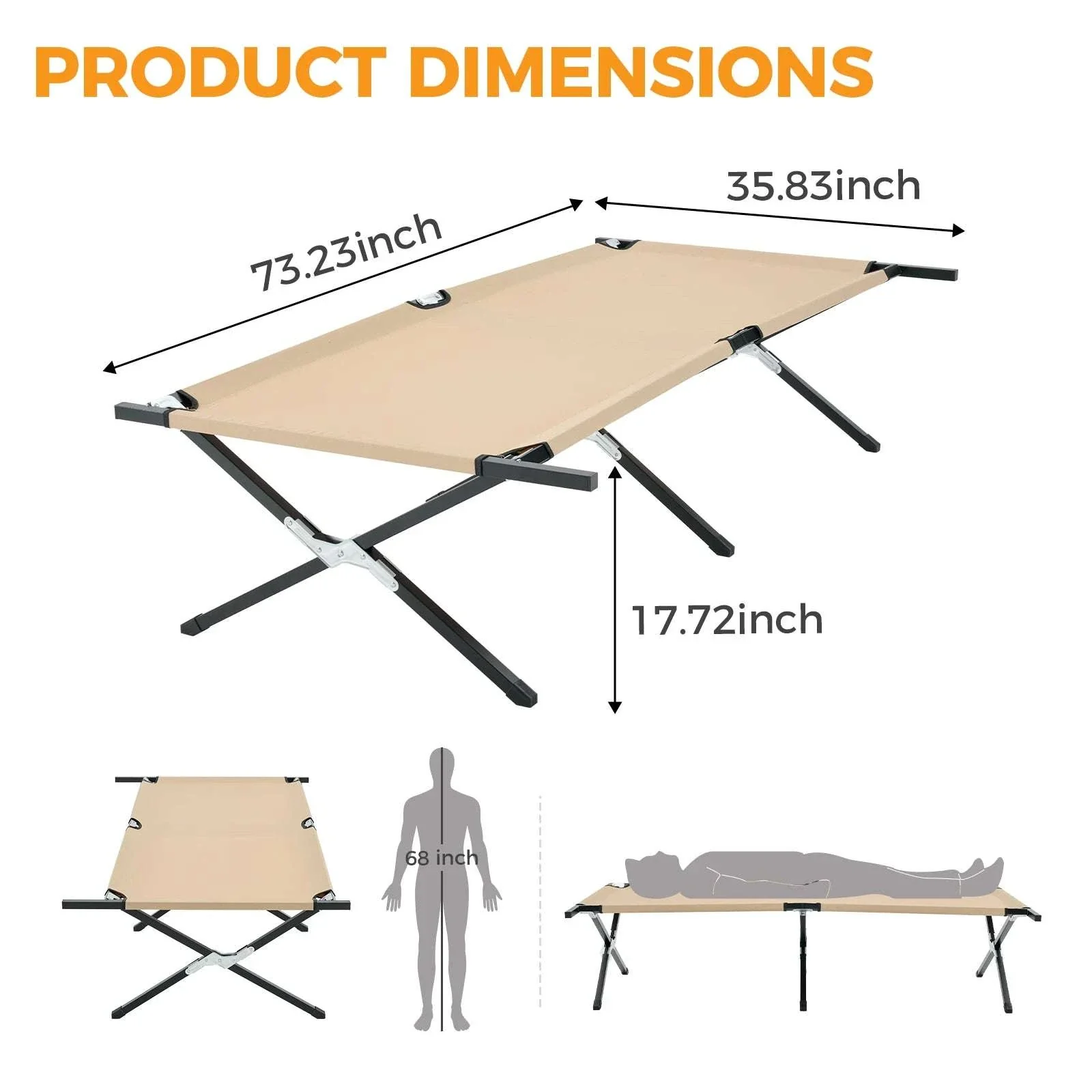 Collapsible Camping Cot 73" x 36" Folding Outdoor Lounger Bed - Image 14