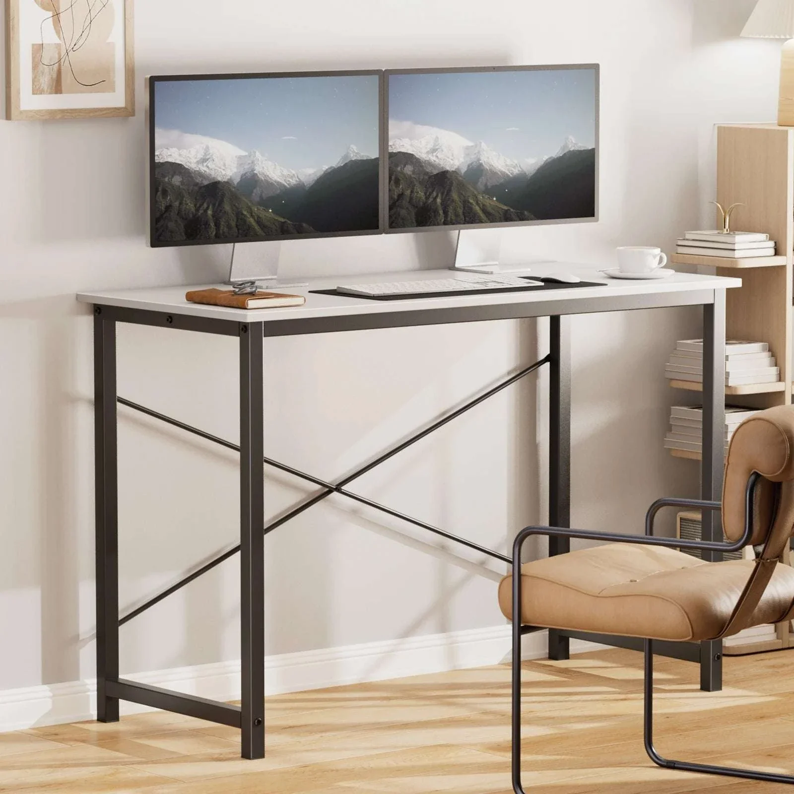 Modern Compact Computer Desk with Metal Frame & Wood Top