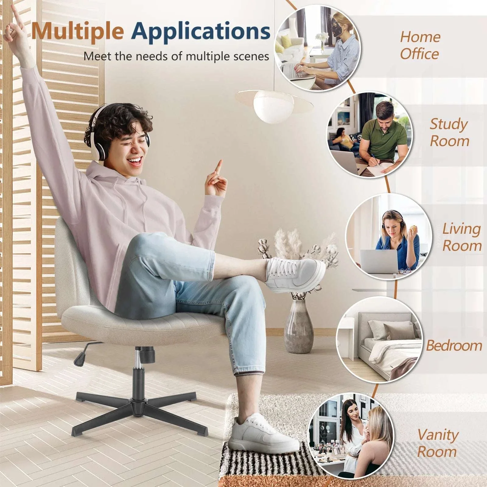 Wide Cross-Legged Office Chair Armless Adjustable Swivel Seat - Image 5
