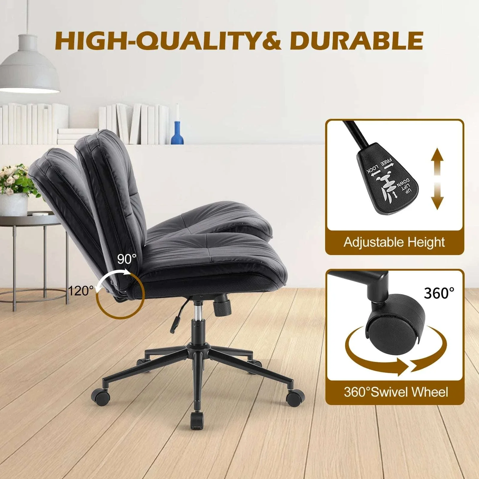 Wide Armless Swivel Office Chair with Wheels & Adjustable Height - Image 6