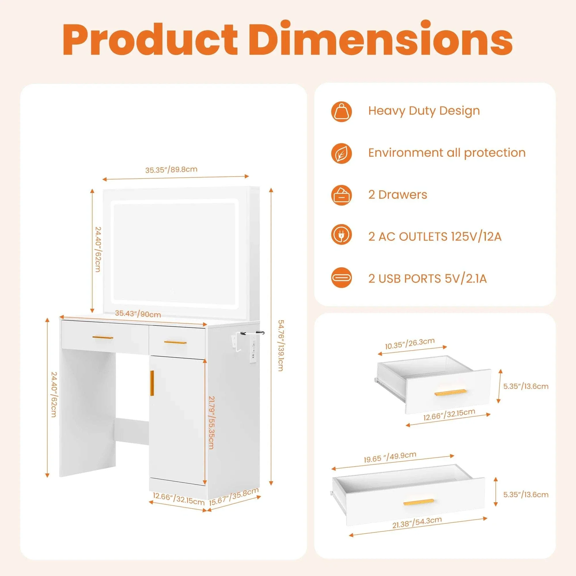 Vanity Desk with LED Mirror, Charging Station & Storage - Image 3