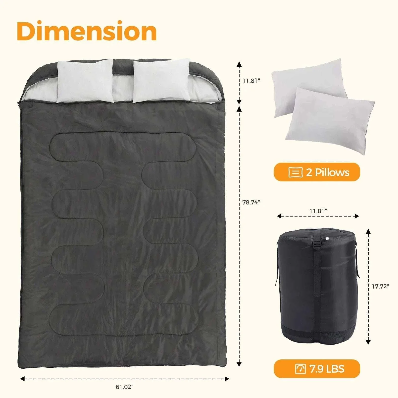 Double Sleeping Bag for 2 Adults with Pillows, 3 Season Camping - Image 3