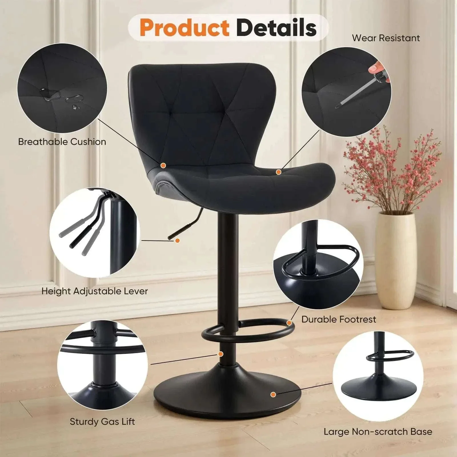 Adjustable Faux Leather Bar Stools Set of 2 with Comfort Backrest - Image 3