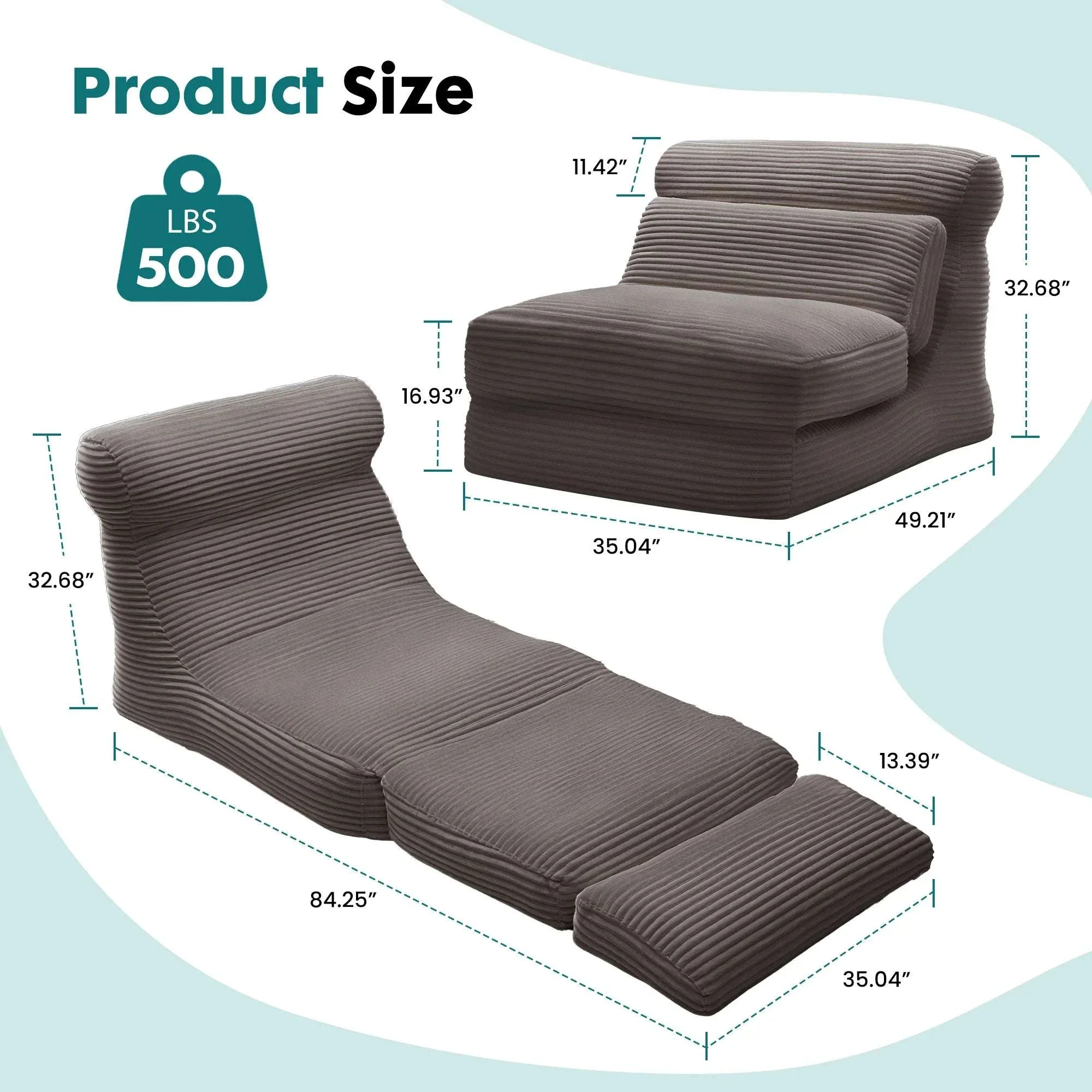 3-in-1 Folding Sofa Bed with Lumbar Support Corduroy Sleeper Chair - Image 2