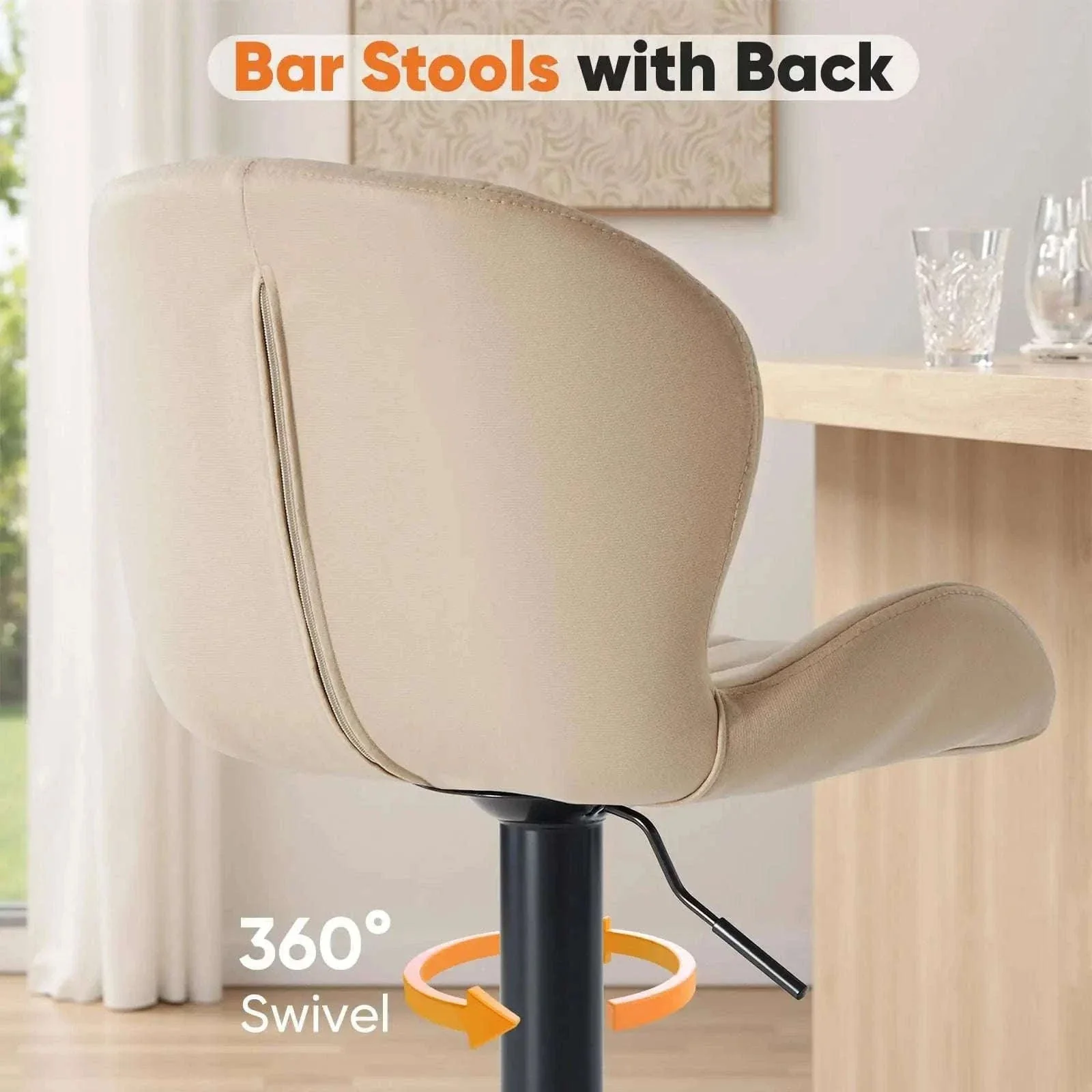 Adjustable 360° Swivel Bar Stools Set of 2 Fabric Dining Chairs - Image 3