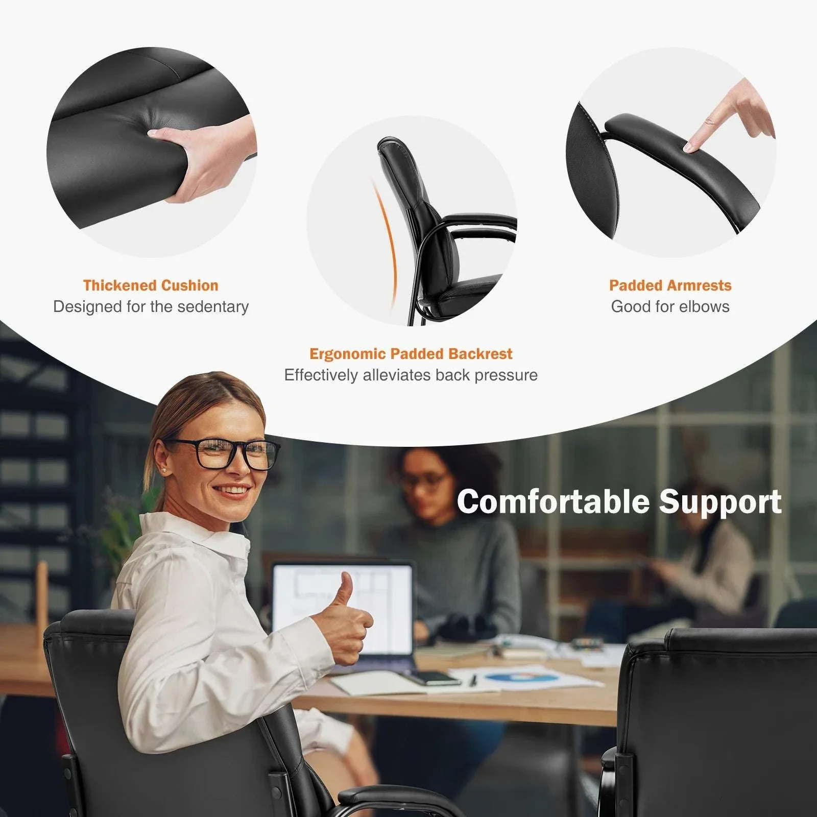 Ergonomic PU Leather Office Guest Chair with Padded Arms and Backrest - Image 5