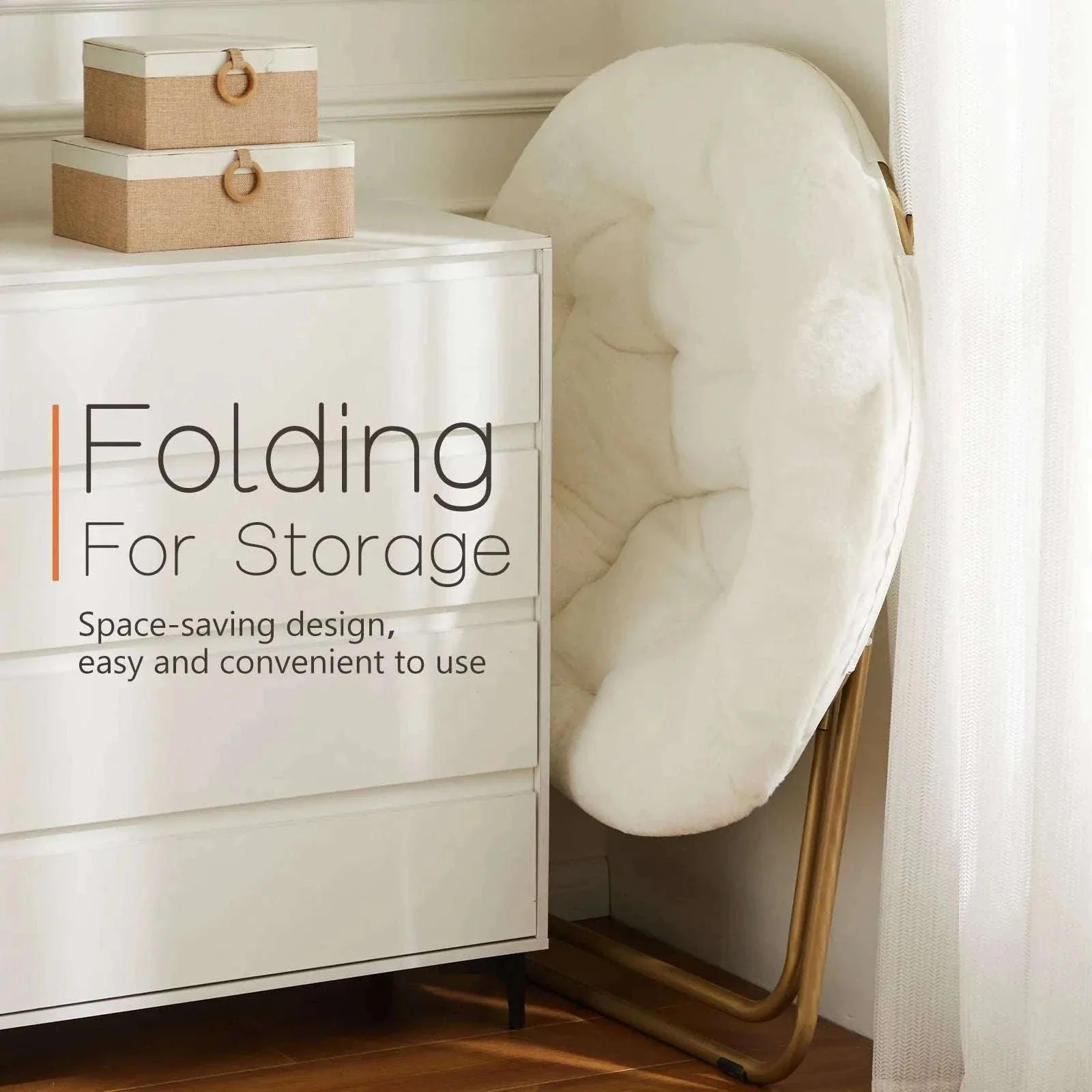 Foldable Faux Fur Saucer Chair with Thick Cushion and Metal Frame - Image 5