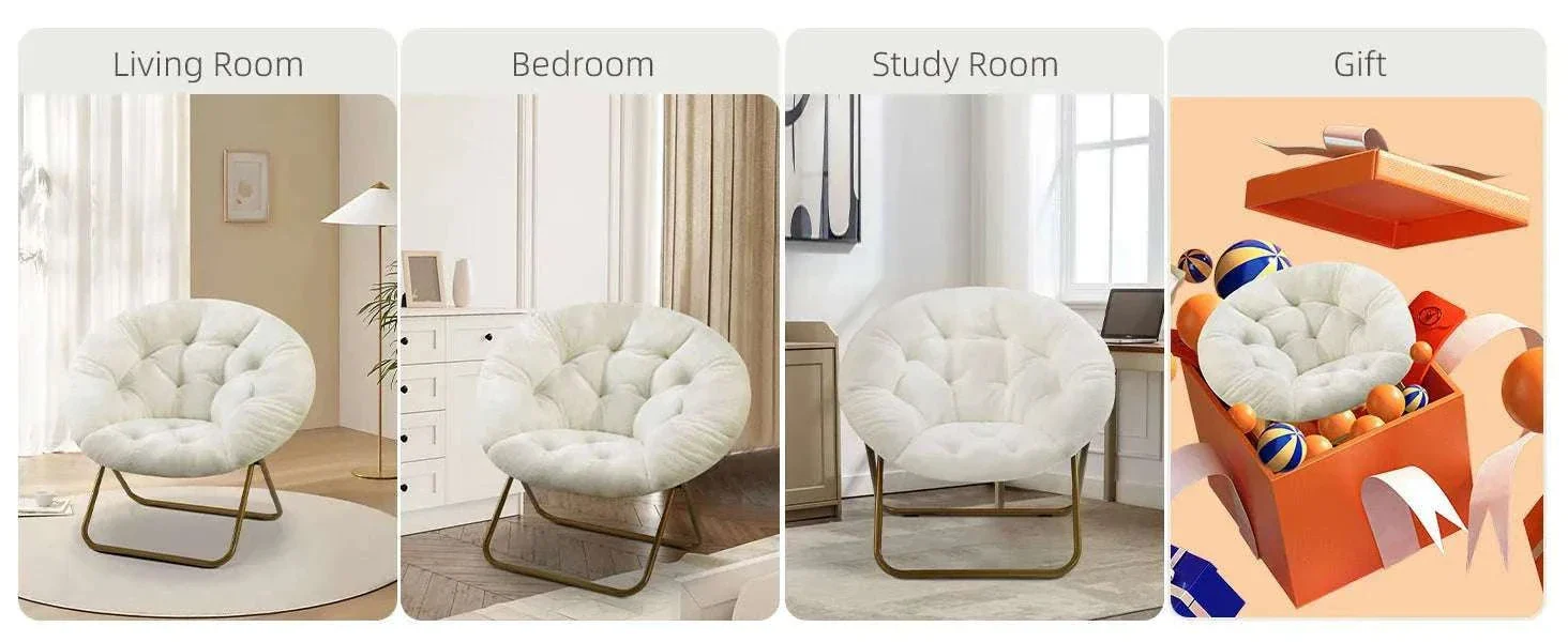 Foldable Faux Fur Saucer Chair with Thick Cushion and Metal Frame - Image 9