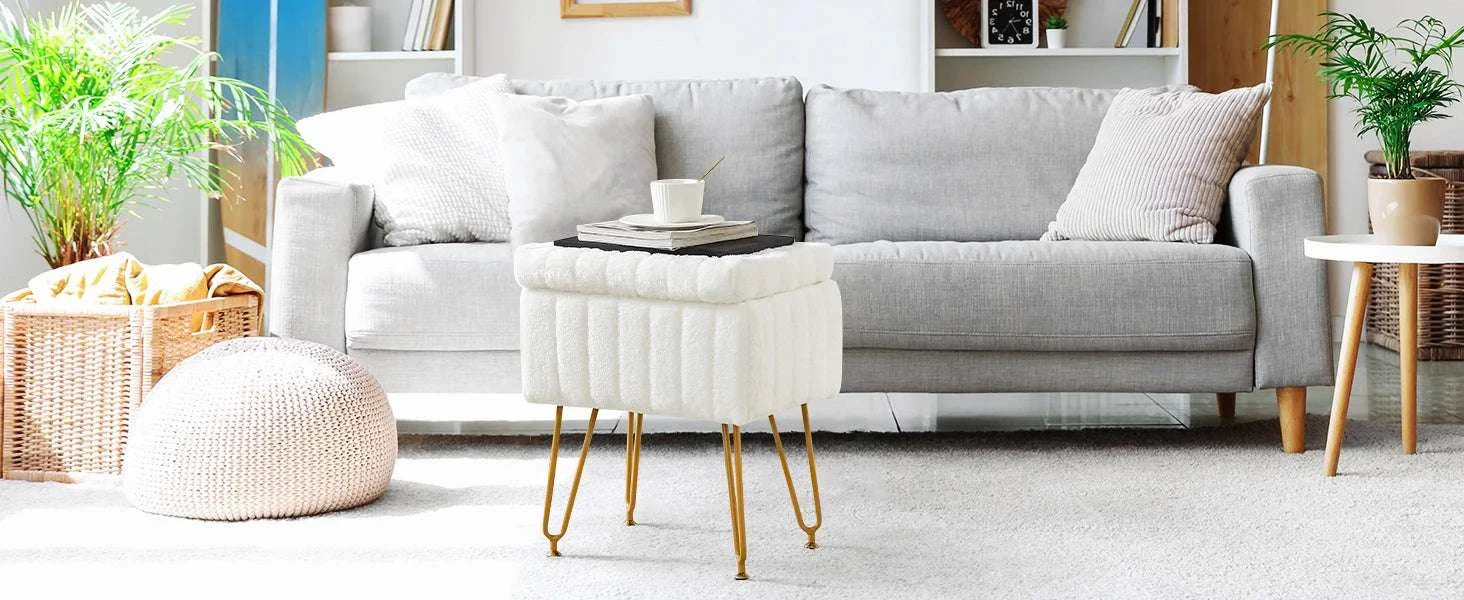 Faux Fur Storage Ottoman Stool with Hidden Compartment & Metal Legs - Image 11