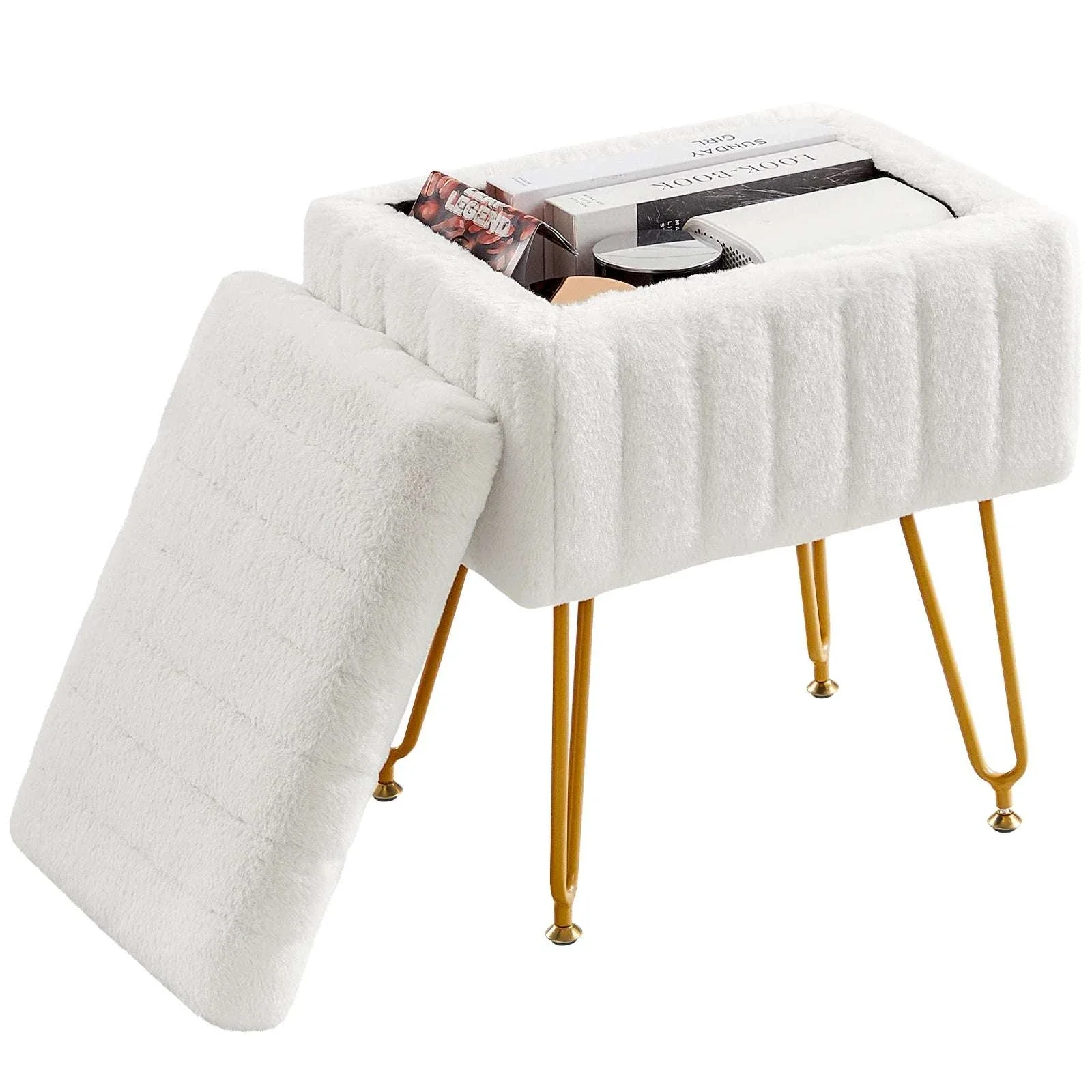 Faux Fur Storage Ottoman Stool with Hidden Compartment & Metal Legs - Image 13