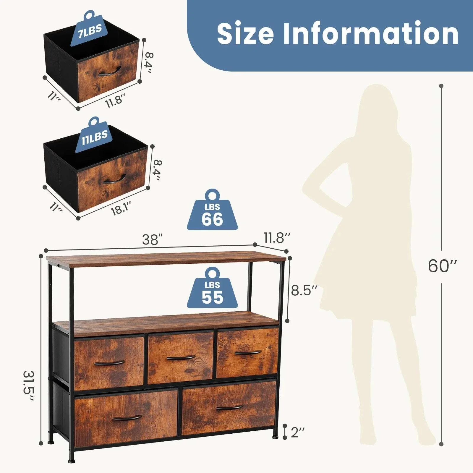 TV Stand with 5 Fabric Drawers Storage Dresser for Bedroom - Image 3