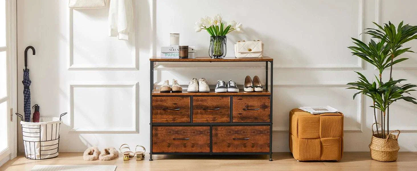 TV Stand with 5 Fabric Drawers Storage Dresser for Bedroom - Image 9