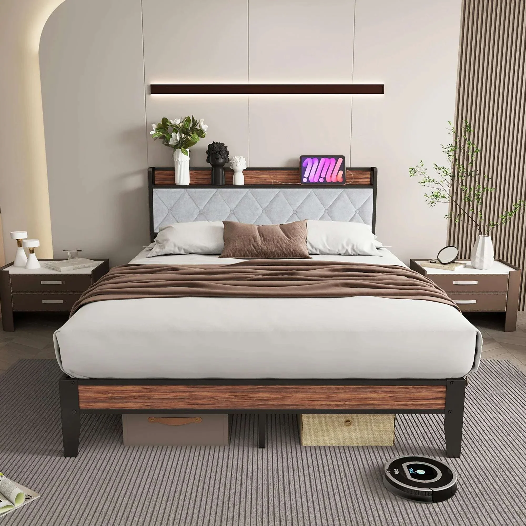 King Size Metal Bed Frame with Storage & Charging Headboard - Image 2