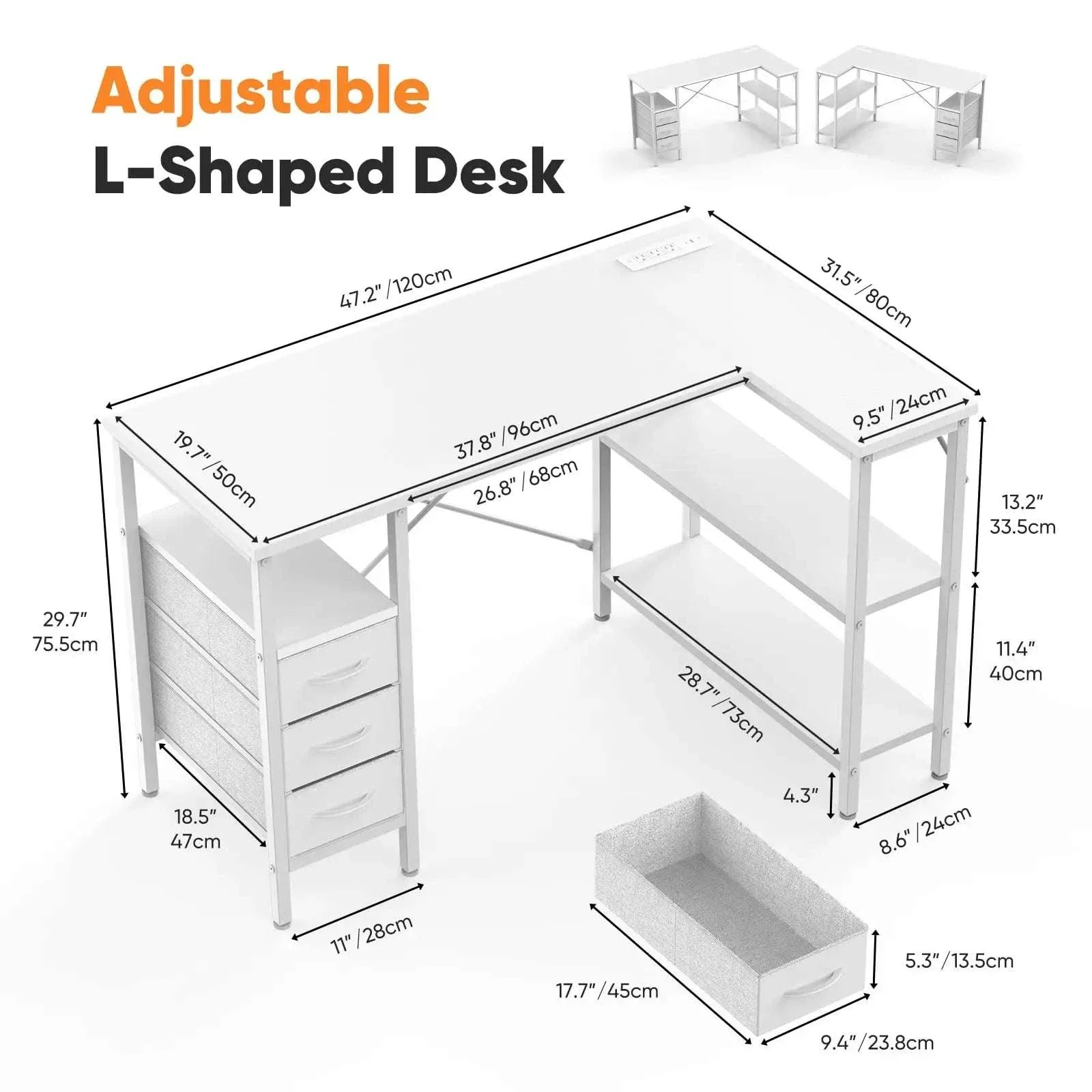 55 Inch L-Shaped Desk with Drawers, Shelves & Built-In Power Outlet - Image 12