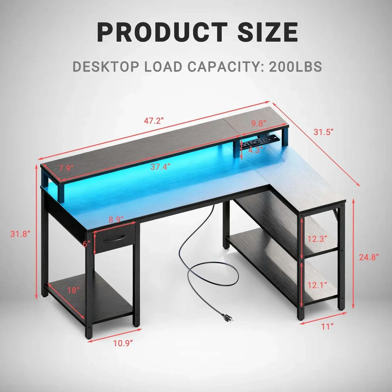 L-Shaped Gaming Desk with LED Lights, USB Ports & Storage Shelves - Image 6