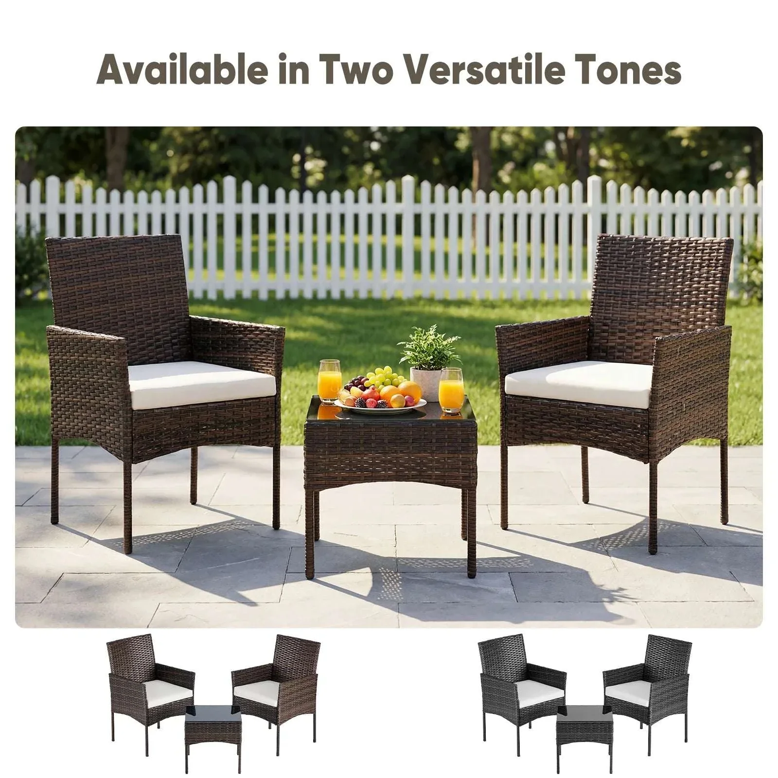 3-Piece Outdoor Rattan Patio Set with Cushions & Glass Table - Image 4