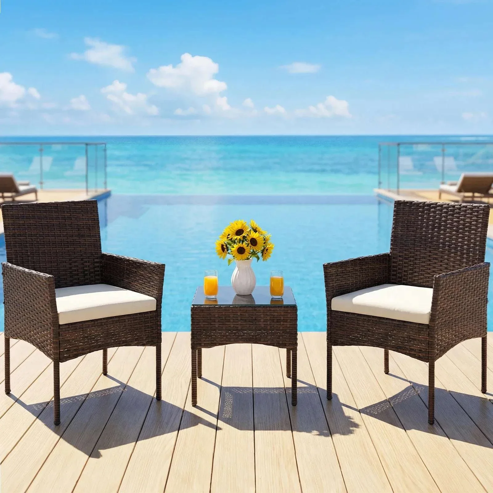 3-Piece Outdoor Rattan Patio Set with Cushions & Glass Table - Image 6