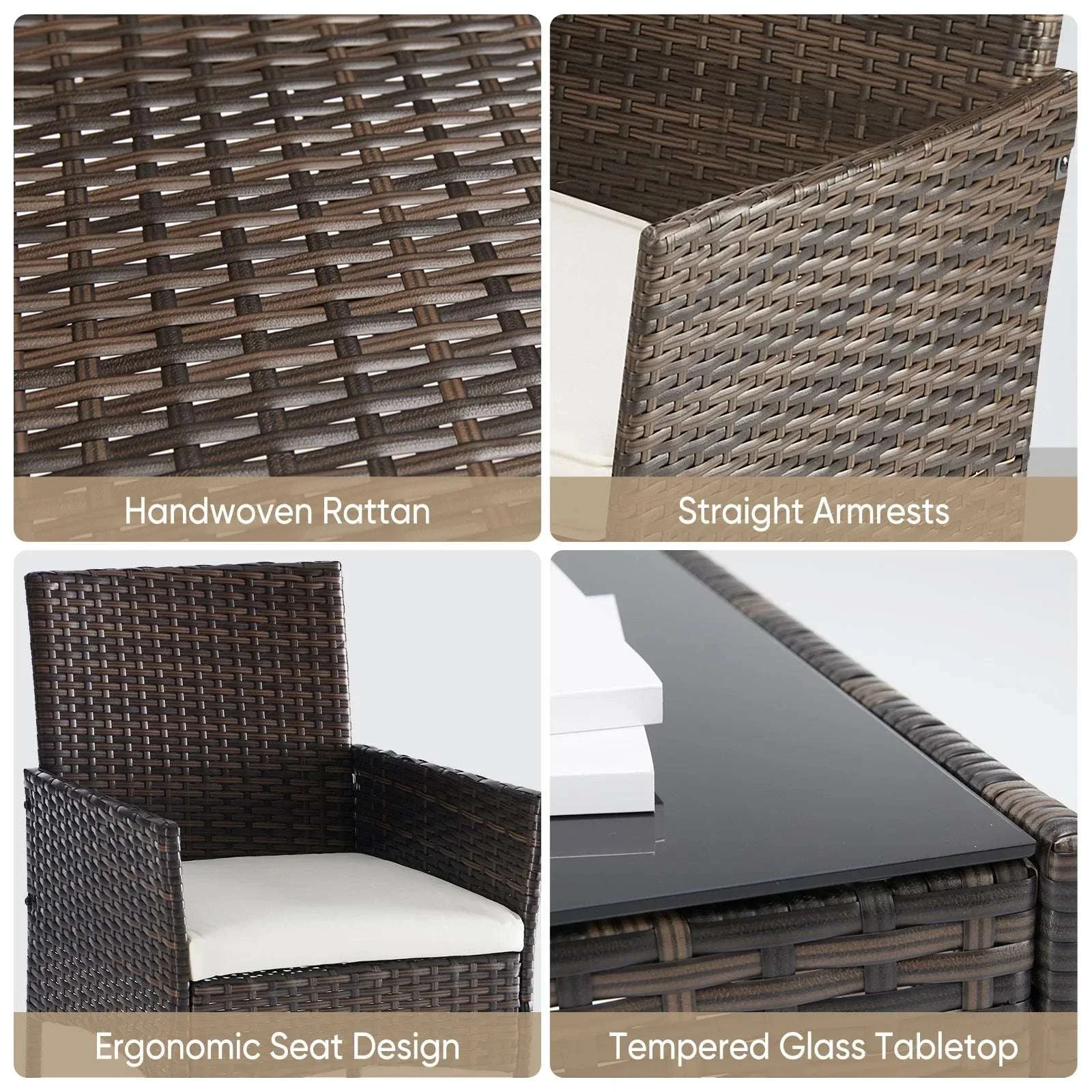 3-Piece Outdoor Rattan Patio Set with Cushions & Glass Table - Image 9