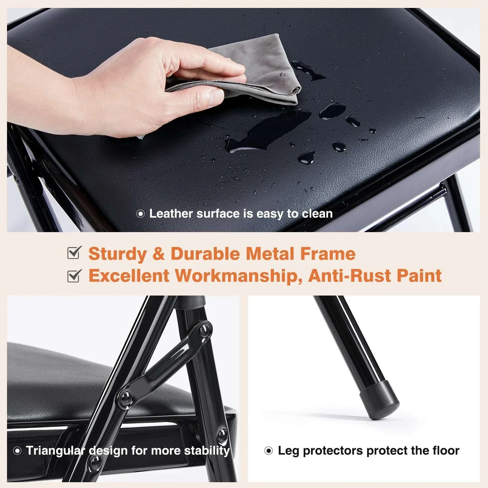 Leather Padded Folding Chairs 2 Pack with Metal Frame - Image 4