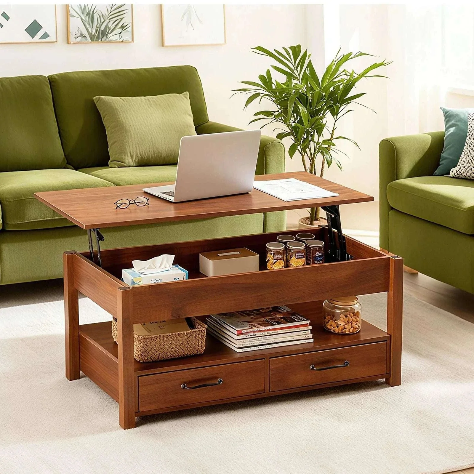 Lift Top Coffee Table with Hidden Storage and Drawers
