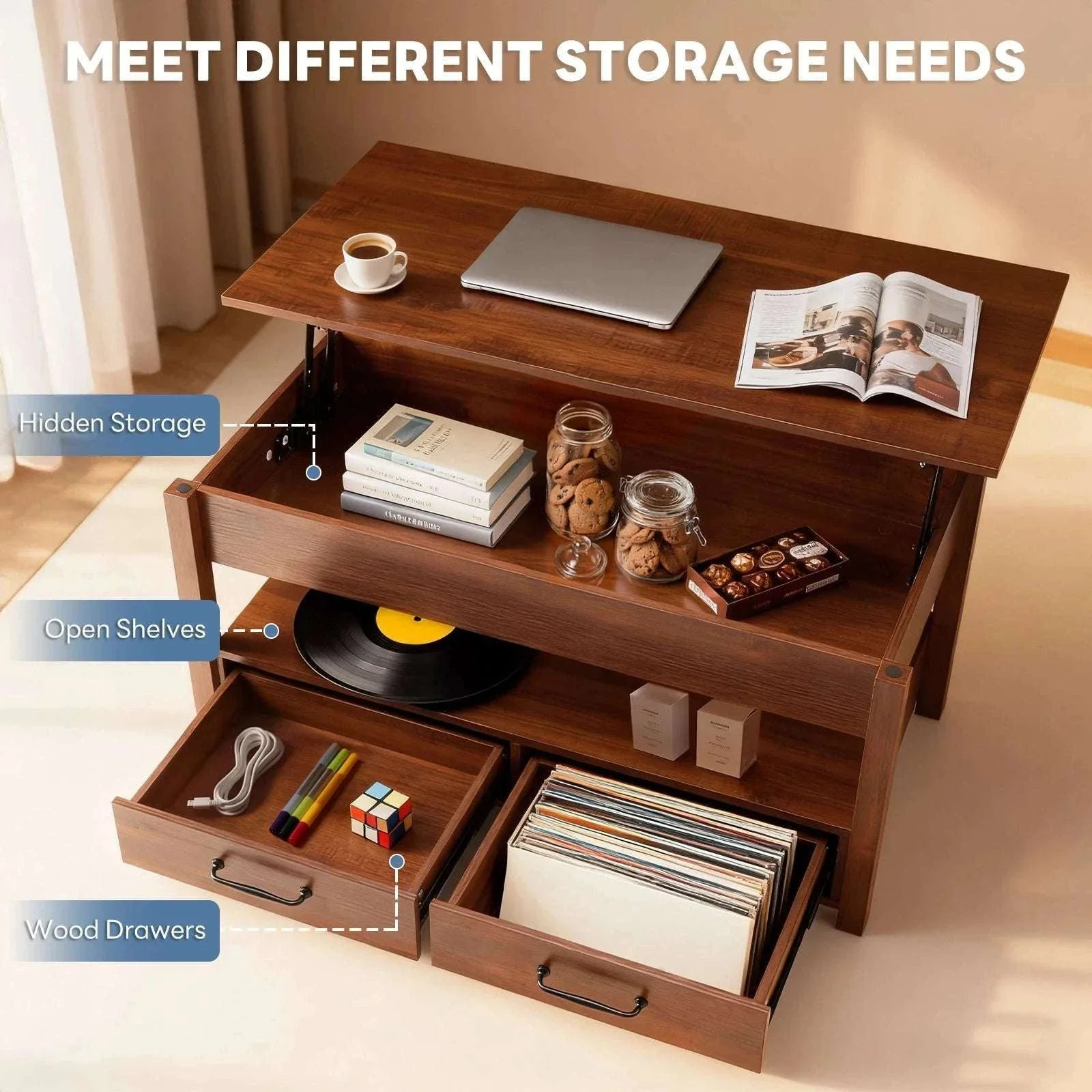 Lift Top Coffee Table with Hidden Storage and Drawers - Image 4