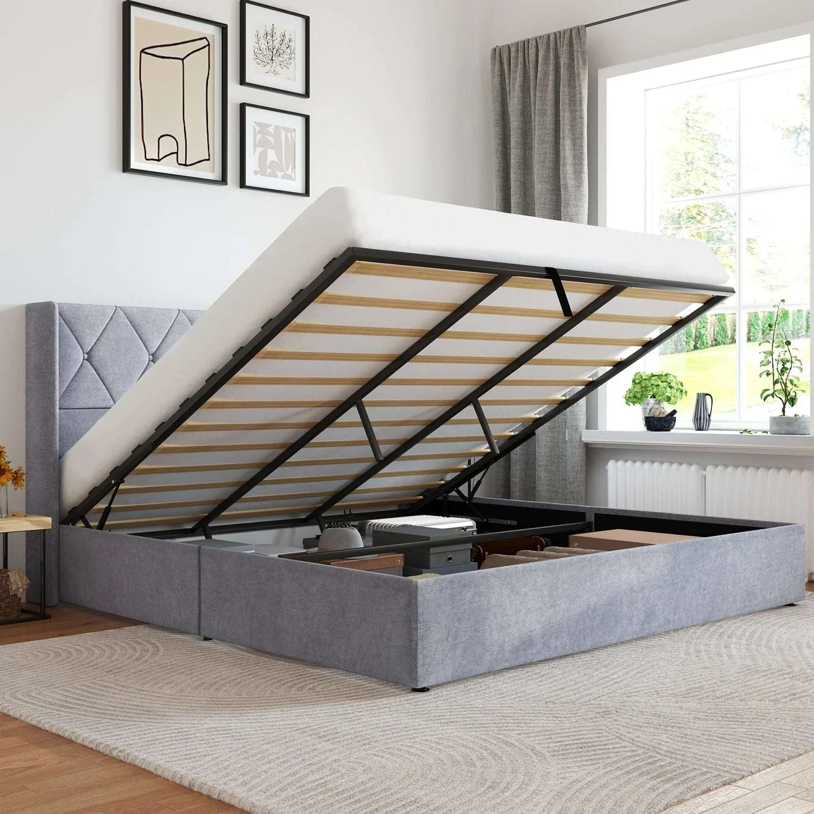 Lift-Up Storage Bed Frame with Upholstered Wingback Headboard