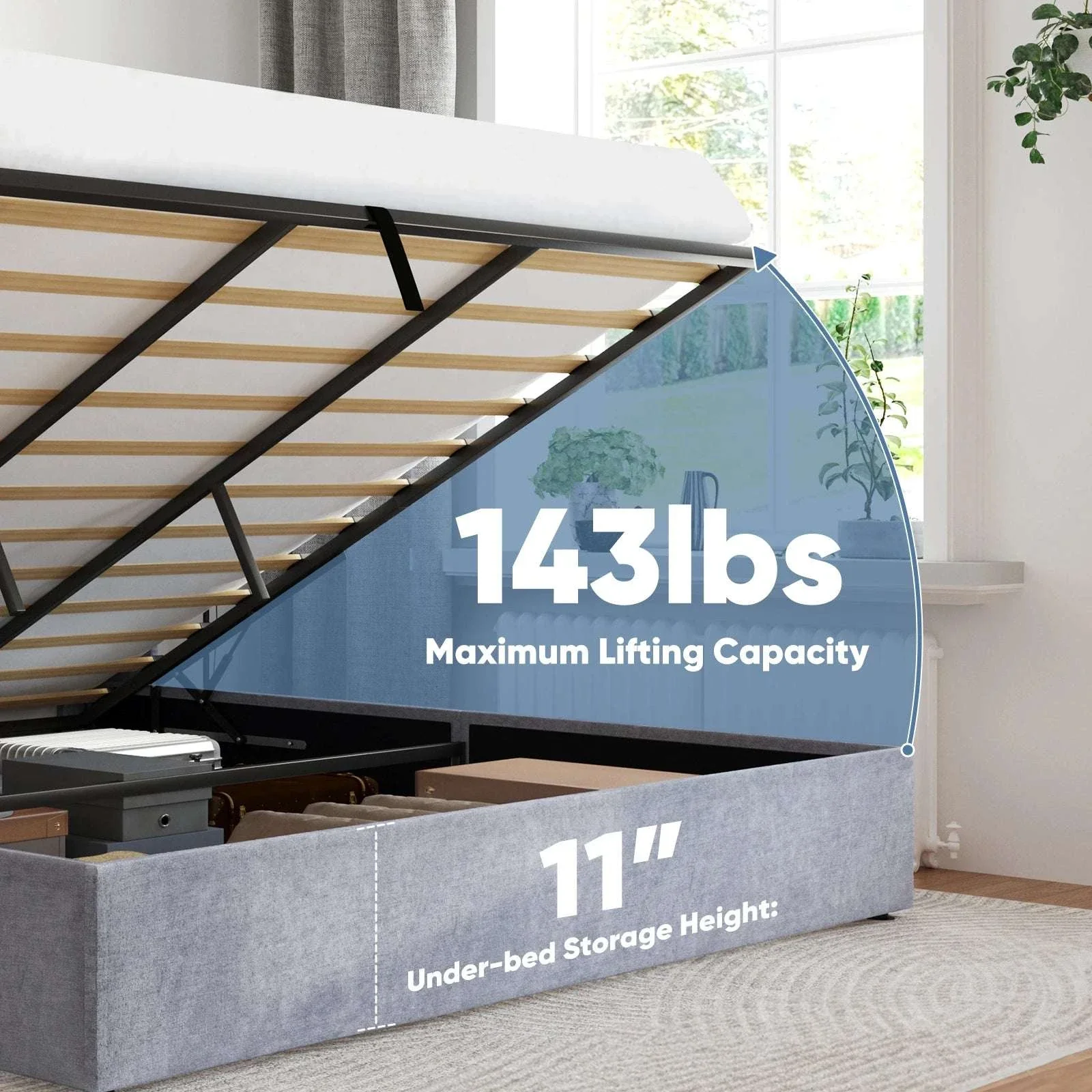 Lift-Up Storage Bed Frame with Upholstered Wingback Headboard - Image 10