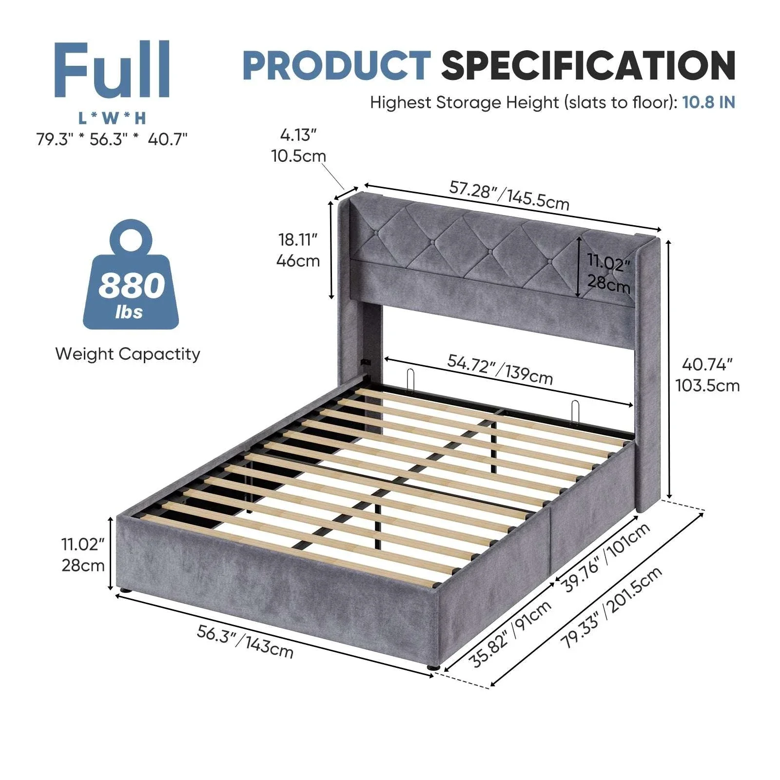 Lift-Up Storage Bed Frame with Upholstered Wingback Headboard - Image 15