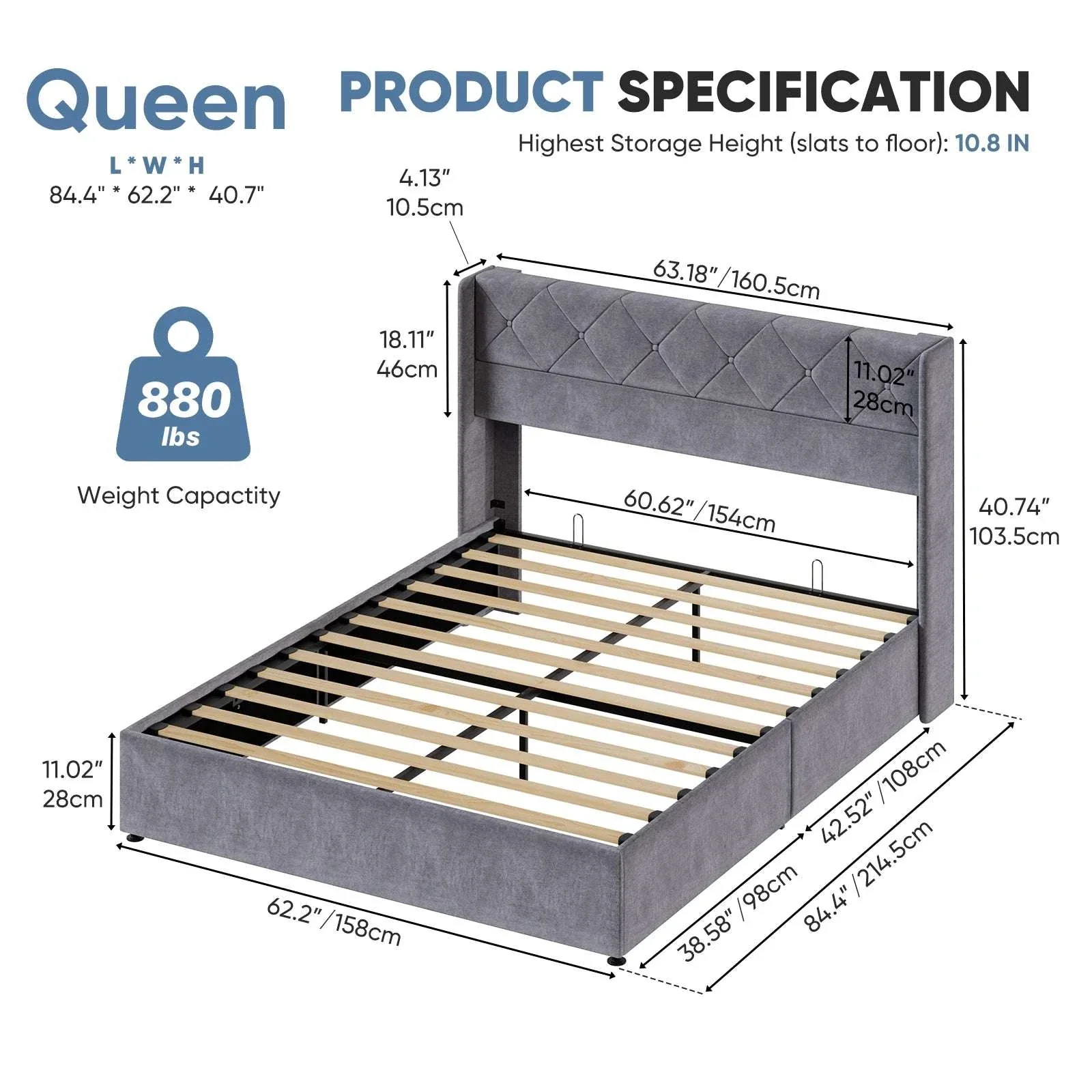Lift-Up Storage Bed Frame with Upholstered Wingback Headboard - Image 16