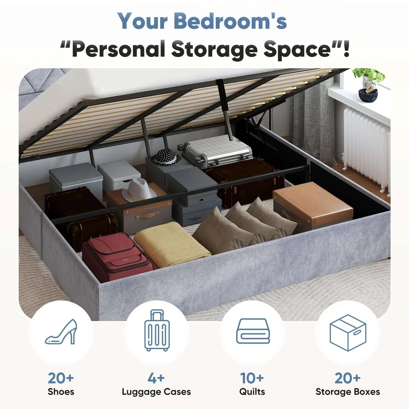 Lift-Up Storage Bed Frame with Upholstered Wingback Headboard - Image 3