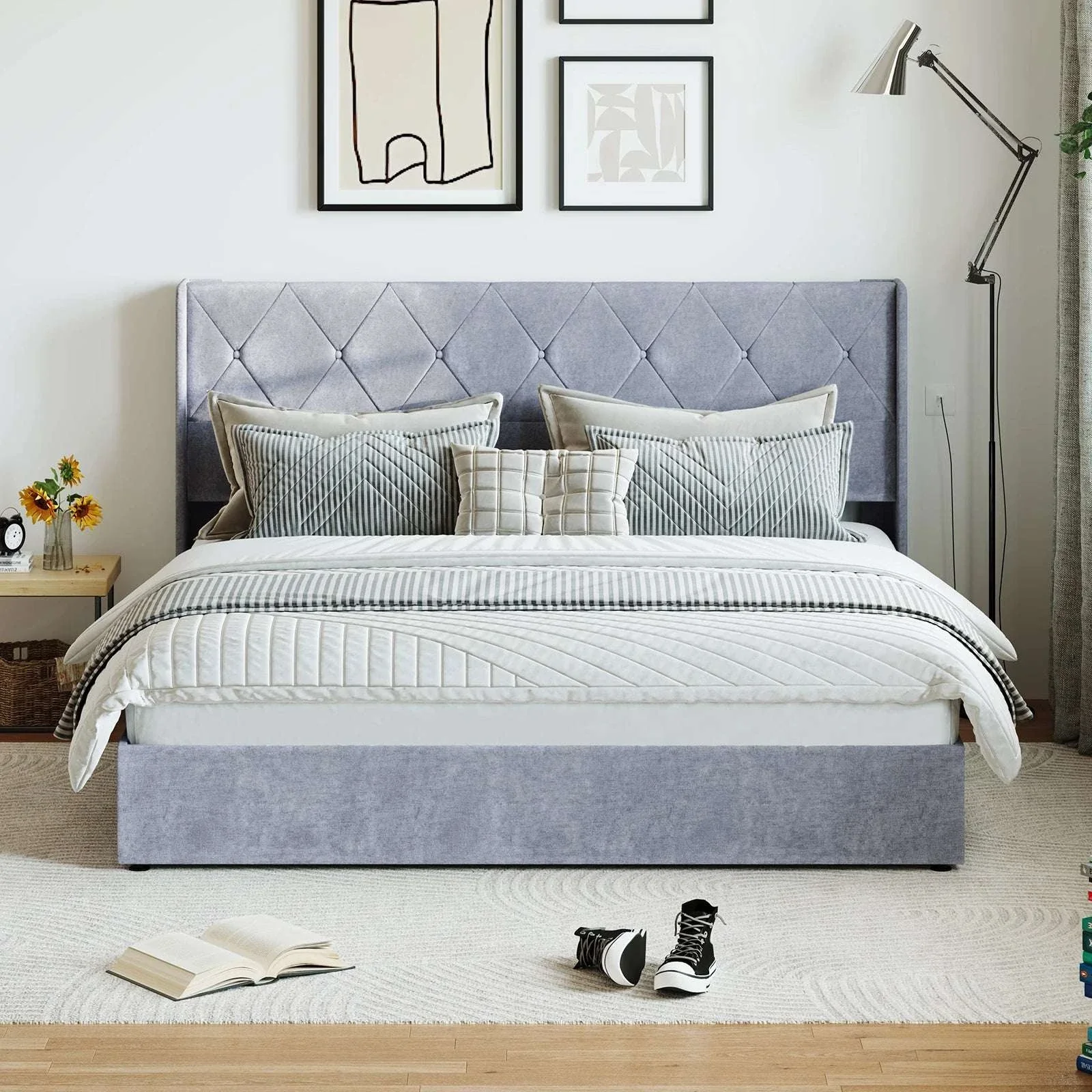 Lift-Up Storage Bed Frame with Upholstered Wingback Headboard - Image 7