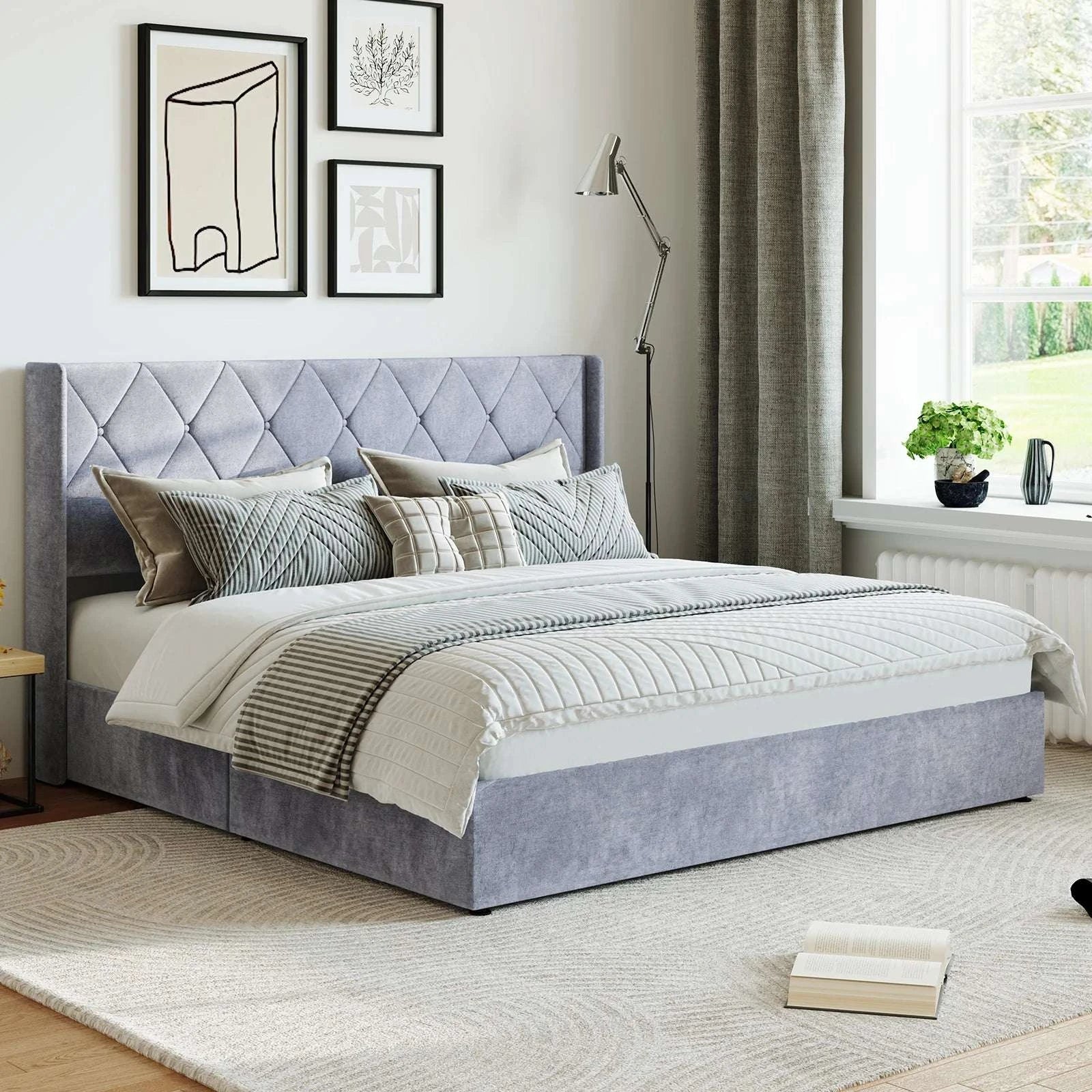 Lift-Up Storage Bed Frame with Upholstered Wingback Headboard - Image 8